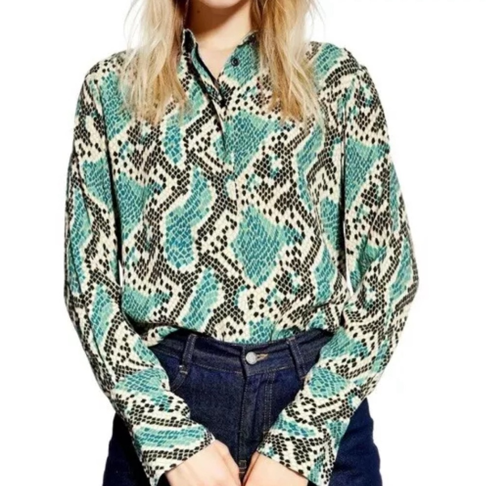 TopShop Mensy Green Snake Print Long Sleeve Button‎ Front Blouse Women's Size 4